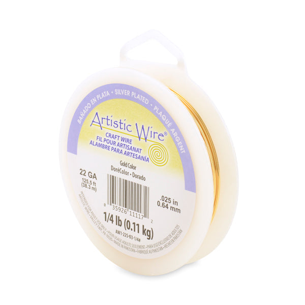 Artistic Wire, 22 Gauge / .64 mm Silver Plated Tarnish Resistant Colored Copper Craft Wire, Gold Color, 1/4 lb / .11 kg, approx. 125.5 ft / 38.3 m