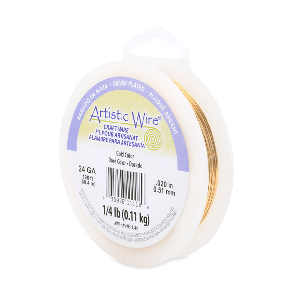 Artistic Wire, 24 Gauge / .51 mm Silver Plated Tarnish Resistant Colored Copper Craft Wire, Gold Color, 1/4 lb / .11 kg, approx. 198 ft / 60.4 m