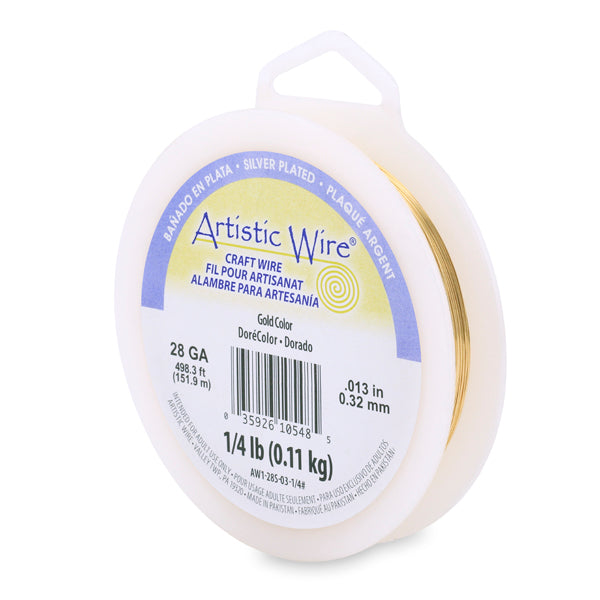 Artistic Wire, 28 Gauge / .32 mm Silver Plated Tarnish Resistant Colored Copper Craft Wire, Gold Color, 1/4 lb / .11 kg, approx. 498.3 ft / 151.9 m