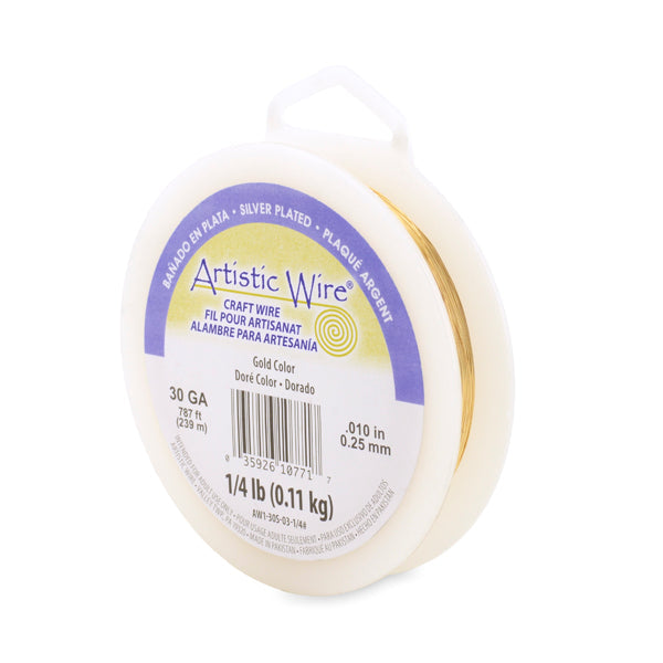 Artistic Wire, 30 Gauge / .26 mm Silver Plated Tarnish Resistant Colored Copper Craft Wire, Gold Color, 1/4 lb / .11 kg, approx. 787 ft / 240 m