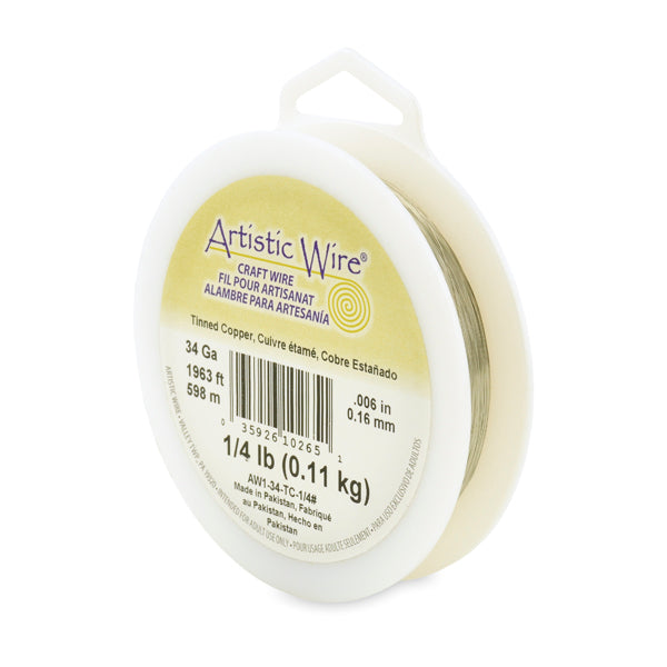 Artistic Wire, 34 Gauge / .16 mm Tarnish Resistant Tinned Copper Craft Wire, Silver Color, 1/4 lb / .11 kg, approx. 1,963.8 ft / 598.5 m