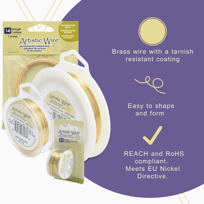 Artistic Wire, 22 Gauge / .64 mm Tarnish Resistant Brass Craft Wire, 8 yd / 7.3 m