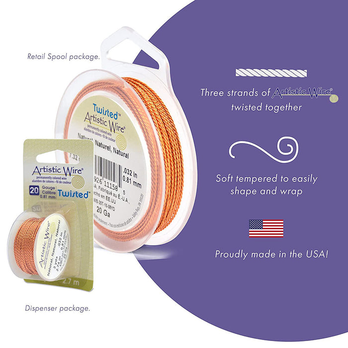 Artistic Wire, 20 Gauge / .81 mm Silver Plated Tarnish Resistant Colored Copper Craft Wire, Round Twist, Rose Gold Color, 3 yd / 2.7 m