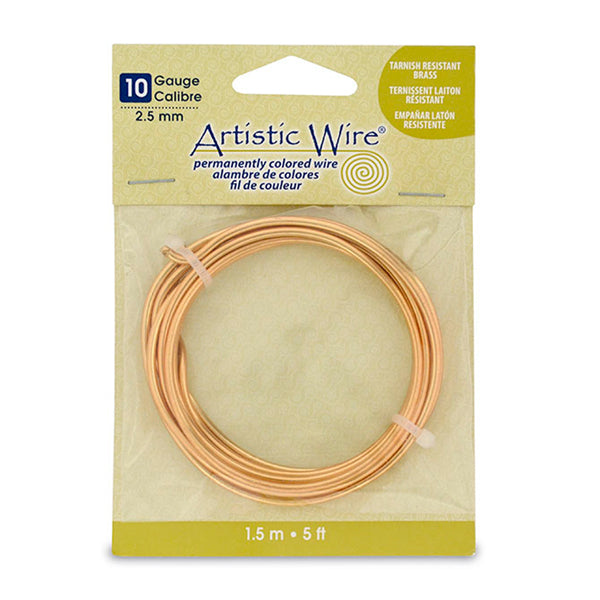 Artistic Wire, 10 Gauge / 2.60 mm Tarnish Resistant Brass Craft Wire, 5 ft / 1.5 m