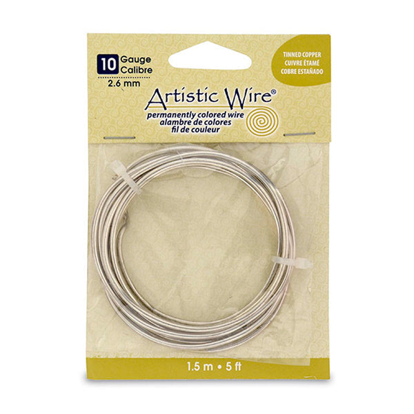 Artistic Wire, 10 Gauge / 2.60 mm Tarnish Resistant Tinned Copper Craft Wire, Silver Color, 5 ft / 1.5 m