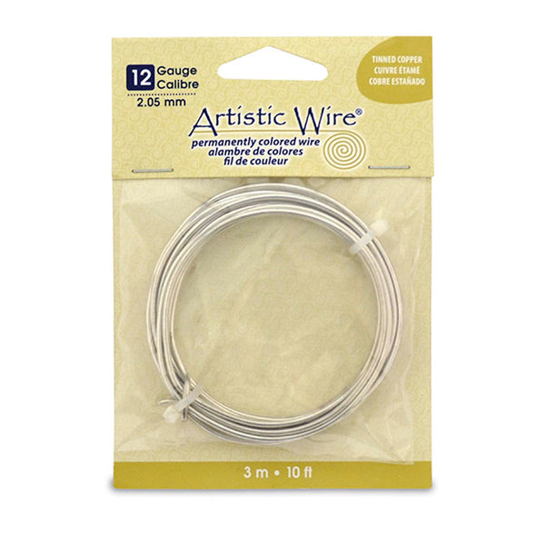 Artistic Wire, 12 Gauge / 2.1 mm Tarnish Resistant Tinned Copper Craft Wire, Silver Color, 10 ft / 3.1 m