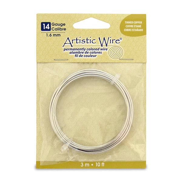 Artistic Wire, 14 Gauge / 1.60 mm Tarnish Resistant Tinned Copper Craft Wire, Silver Color, 10 ft / 3.1 m