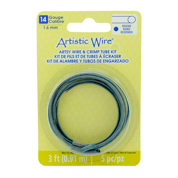 Artistic Wire, 14 Gauge / 1.60 mm / Artsy Turquoise Color, 3 ft 0.91 m / with 5 Artistic Wire Large Wire Crimp Connectors