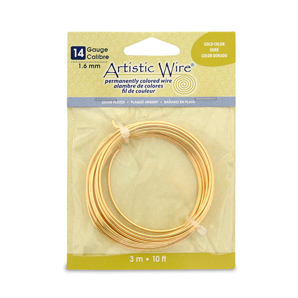 Artistic Wire, 14 Gauge / 1.60 mm Silver Plated Tarnish Resistant Colored Copper Craft Wire, Gold Color, 10 ft / 3.1 m