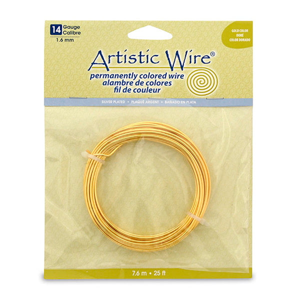 Artistic Wire, 14 Gauge / 1.60 mm Silver Plated Tarnish Resistant Colored Copper Craft Wire, Gold Color, 25 ft / 7.6 m