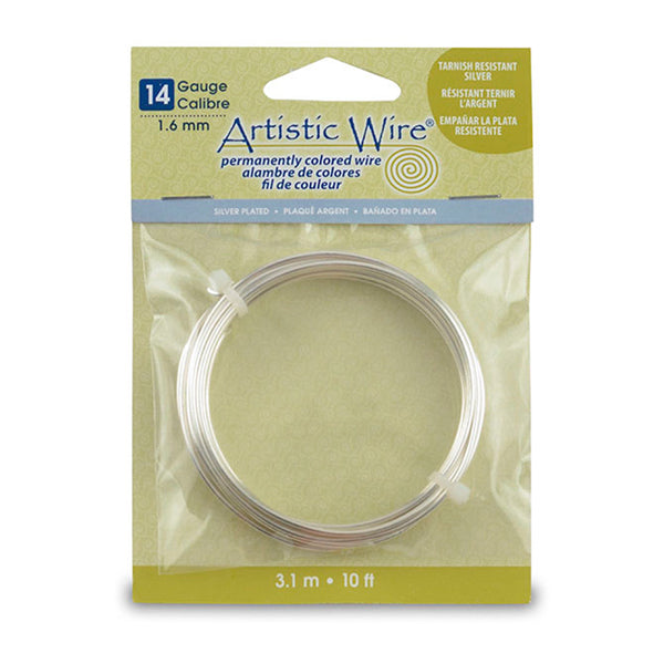 Artistic Wire, 14 Gauge / 1.60 mm Silver Plated Tarnish Resistant Colored Copper Craft Wire, Tarnish Resistant Silver, 10 ft / 3.1 m