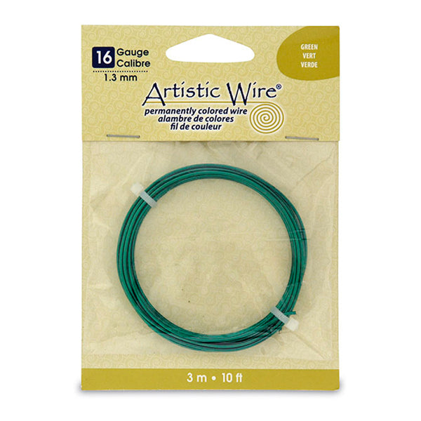 Artistic Wire, 16 Gauge / 1.3 mm Tarnish Resistant Colored Copper Craft Wire, Green, 10 ft / 3.1 m
