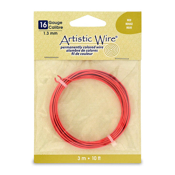 Artistic Wire, 16 Gauge / 1.3 mm Tarnish Resistant Colored Copper Craft Wire, Red, 10 ft / 3.1 m