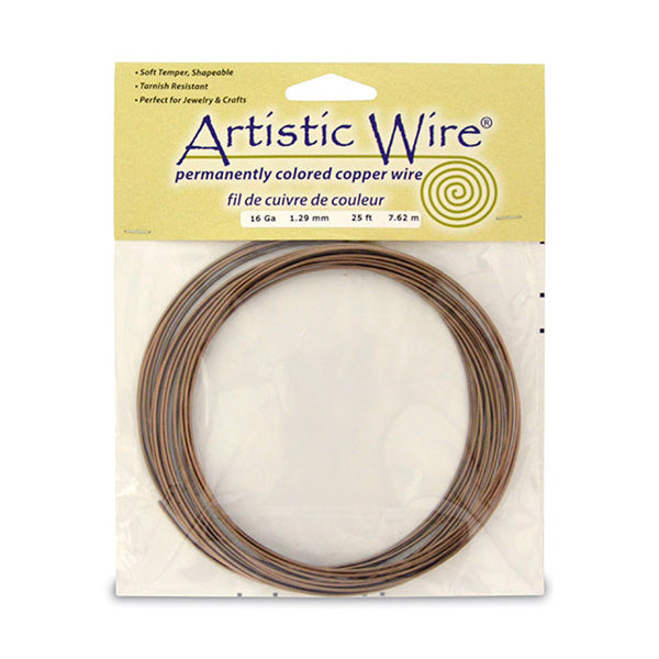 Artistic Wire, 16 Gauge / 1.3 mm Tarnish Resistant Colored Copper Craft Wire, Antique Brass Color, 25 ft / 7.6 m