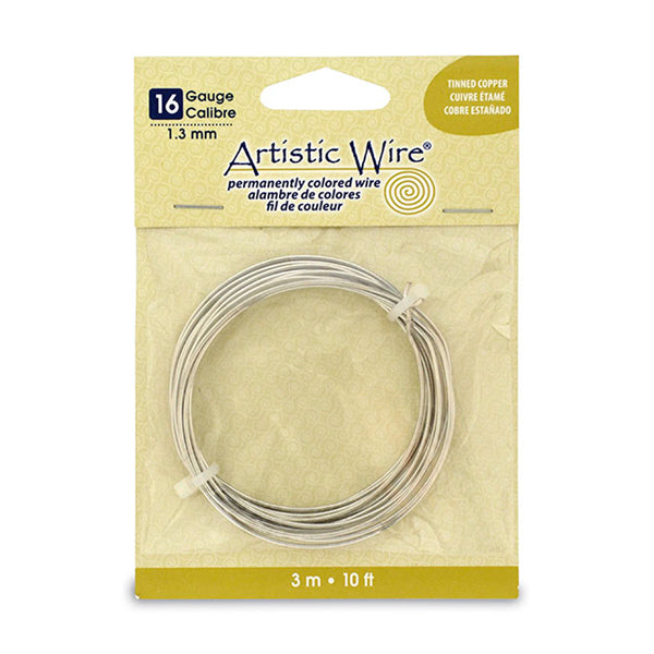 Artistic Wire, 16 Gauge / 1.3 mm Tarnish Resistant Tinned Copper Craft Wire, Silver Color, 10 ft / 3.1 m