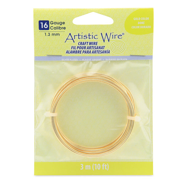 Artistic Wire, 16 Gauge / 1.3 mm Silver Plated Tarnish Resistant Colored Copper Craft Wire, Gold Color, 10 ft / 3.1 m