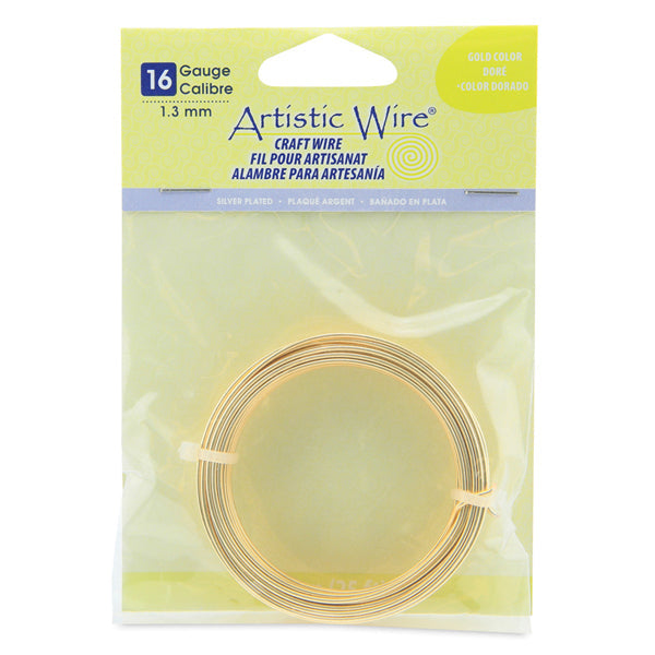Artistic Wire, 16 Gauge / 1.3 mm Silver Plated Tarnish Resistant Colored Copper Craft Wire, Gold Color, 25 ft / 7.6 m