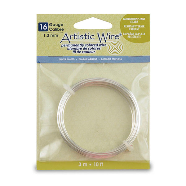 Artistic Wire, 16 Gauge / 1.3 mm Silver Plated Tarnish Resistant Colored Copper Craft Wire, Tarnish Resistant Silver, 10 ft / 3.1 m