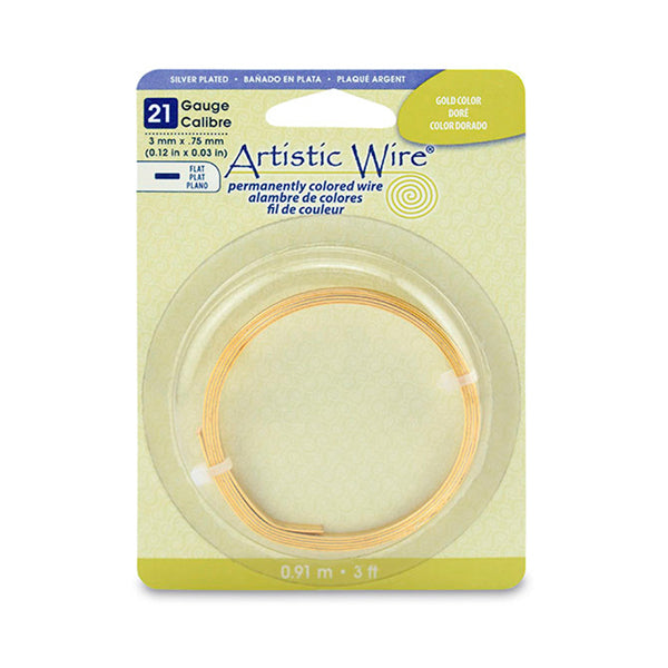 Artistic Wire, 21 Gauge, Flat, 3 mm x .75 mm / 0.12 in x 0.03 in, Silver Plated Gold Color, 3 ft / .91 m