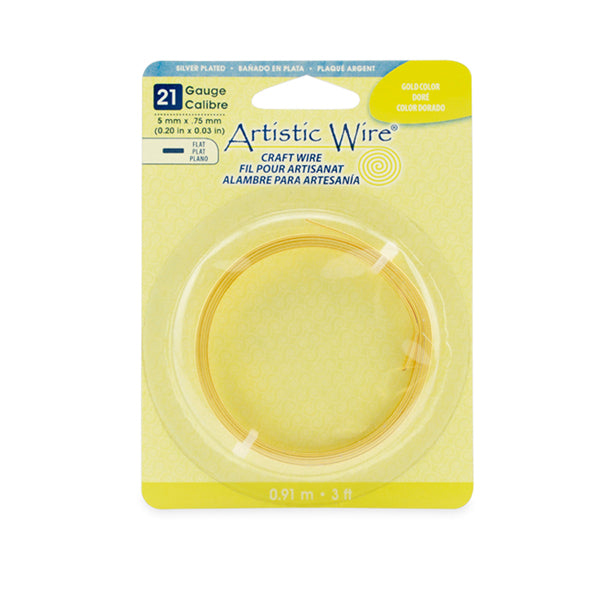 Artistic Wire, 21 Gauge, Flat, 5 mm x .75 mm / 0.20 in x 0.03 in, Silver Plated Gold Color, 3 ft / .91 m