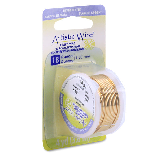 Artistic Wire, 18 Gauge / 1.0 mm Silver Plated Tarnish Resistant Colored Copper Craft Wire, Gold Color, 4 yd / 3.6 m