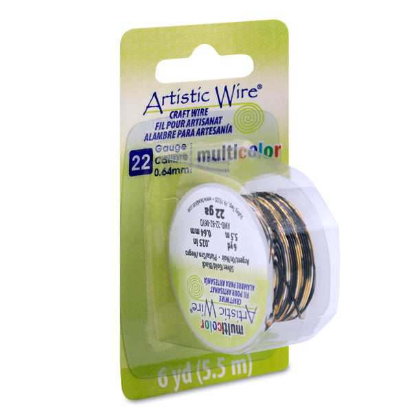 Artistic Wire, 22 Gauge / .64 mm Tarnish Resistant Colored Copper Craft Wire, Multicolor Silver, Gold, Black, 6 yd / 5.5 m