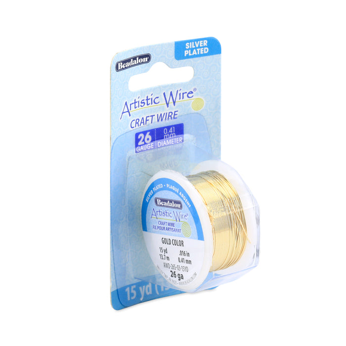 Beadalon - Artistic Wire, 26 Gauge / .41 mm Silver Plated Tarnish Resistant Colored Copper Craft Wire, Gold Color, 15 yd / 13.7 m