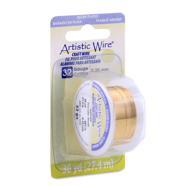 Artistic Wire, 32 Gauge / .20 mm Silver Plated Tarnish Resistant Colored Copper Craft Wire, Gold Color, 30 yd / 27.4 m