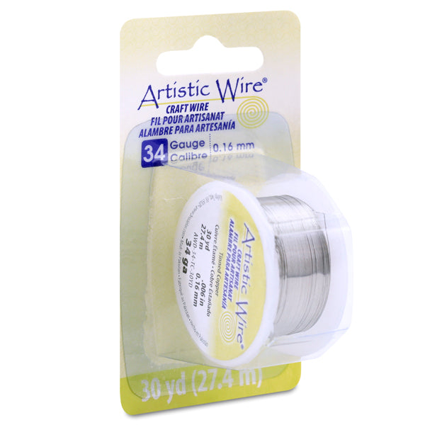 Artistic Wire, 34 Gauge / .16 mm Tarnish Resistant Tinned Copper Craft Wire, Silver Color, 30 yd / 27.4 m