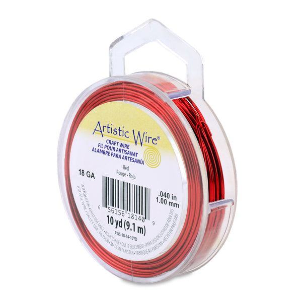 Artistic Wire, 18 Gauge / 1.0 mm Tarnish Resistant Colored Copper Craft Wire, Red, 10 yd / 9.1 m