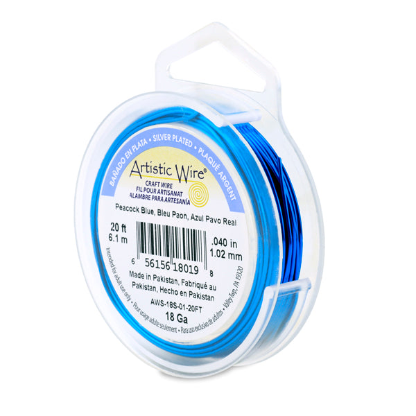 Artistic Wire, 18 Gauge / 1.0 mm Silver Plated Tarnish Resistant Colored Copper Craft Wire, Peacock Blue, 20 ft 6.1 m