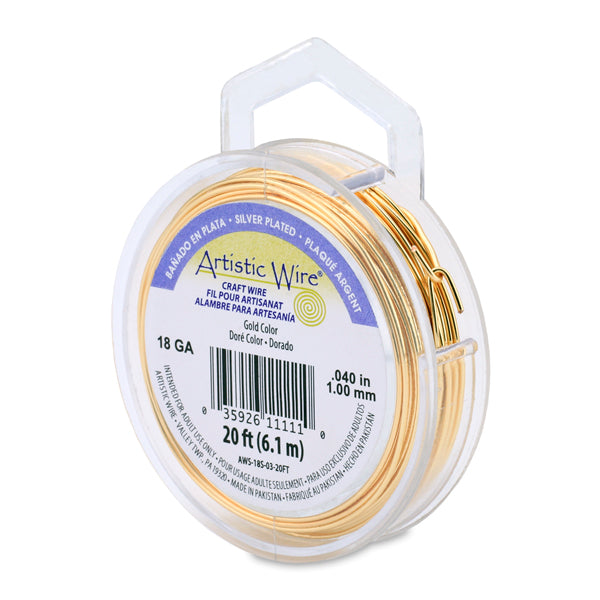 Artistic Wire, 18 Gauge / 1.0 mm Silver Plated Tarnish Resistant Colored Copper Craft Wire, Gold Color, 20 ft 6.1 m