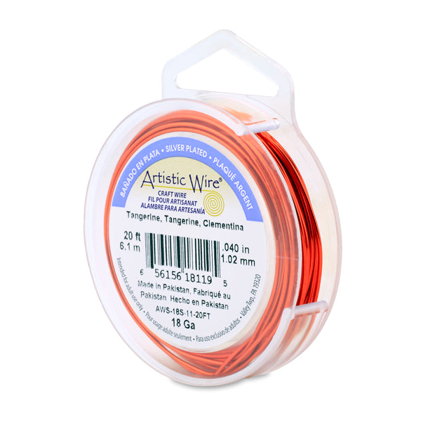 Artistic Wire, 18 Gauge / 1.0 mm Silver Plated Tarnish Resistant Colored Copper Craft Wire, Tangerine, 20 ft 6.1 m