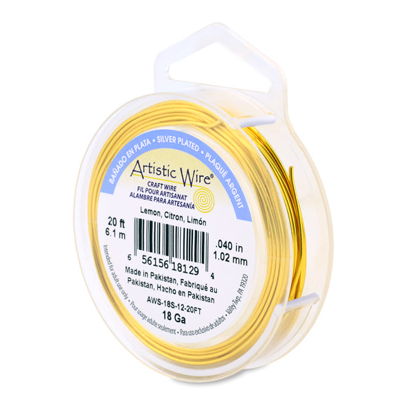 Artistic Wire, 18 Gauge / 1.0 mm Silver Plated Tarnish Resistant Colored Copper Craft Wire, Lemon, 20 ft 6.1 m