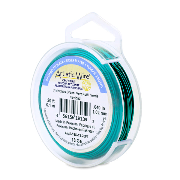 Artistic Wire, 18 Gauge / 1.0 mm Silver Plated Tarnish Resistant Colored Copper Craft Wire, Christmas Green, 20 ft 6.1 m