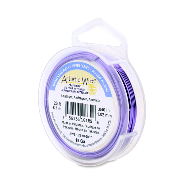 Artistic Wire, 18 Gauge / 1.0 mm Silver Plated Tarnish Resistant Colored Copper Craft Wire, Amethyst, 20 ft 6.1 m