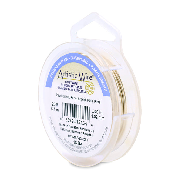 Artistic Wire, 18 Gauge / 1.0 mm Silver Plated Tarnish Resistant Colored Copper Craft Wire, Pearl Silver, 20 ft 6.1 m