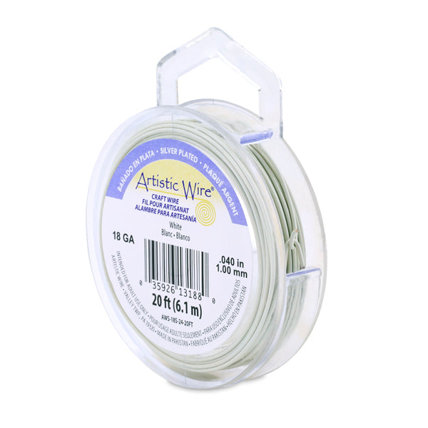 Artistic Wire, 18 Gauge / 1.0 mm Silver Plated Tarnish Resistant Colored Copper Craft Wire, White, 20 ft 6.1 m