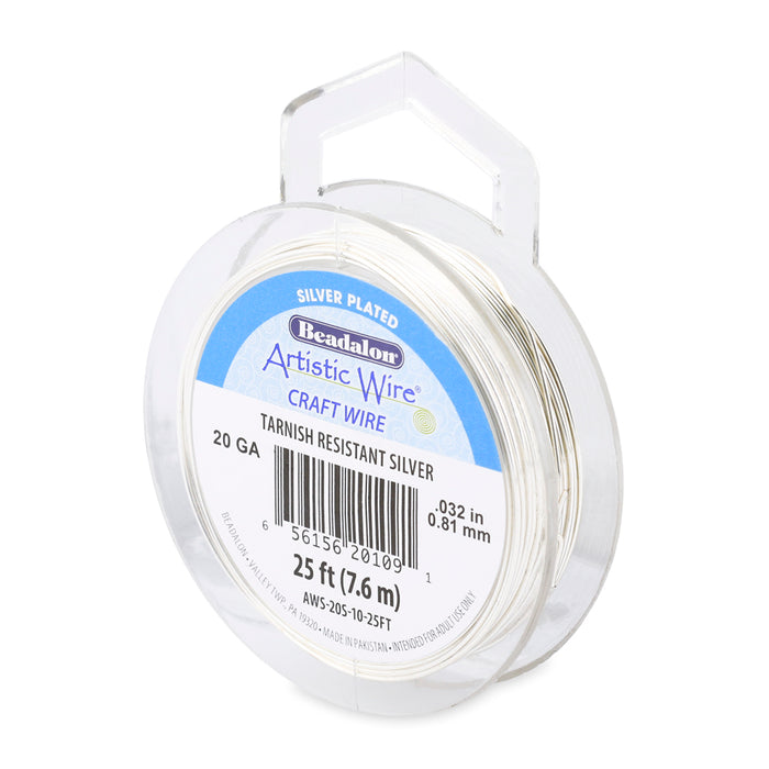 Artistic Wire, 20 Gauge / .81 mm Silver Plated Tarnish Resistant Colored Copper Craft Wire, Tarnish Resistant Silver, 25 ft / 7.6 m