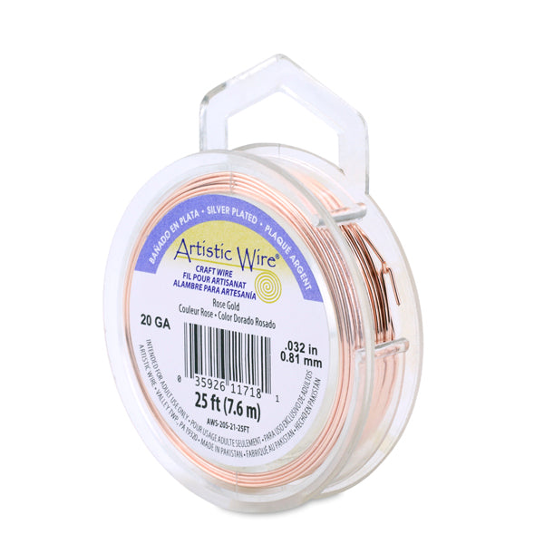 Artistic Wire, 20 Gauge / .81 mm Silver Plated Tarnish Resistant Colored Copper Craft Wire, Rose Gold Color, 25 ft / 7.6 m