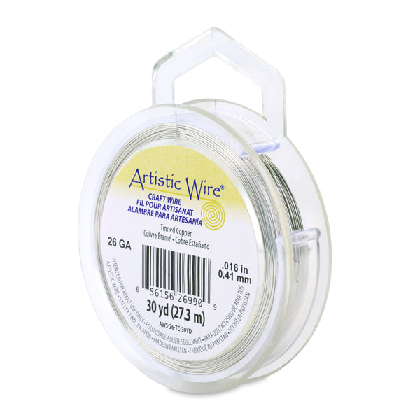 Artistic Wire, 26 Gauge / .41 mm Tarnish Resistant Tinned Copper Craft Wire, Silver Color, 30 yd / 27.4 m