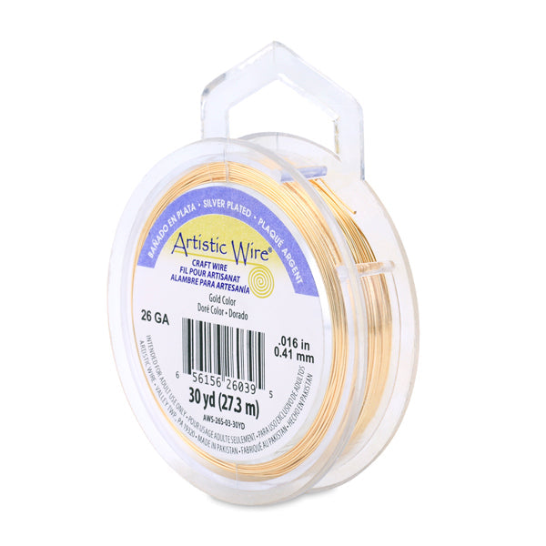 Artistic Wire, 26 Gauge / .41 mm Silver Plated Tarnish Resistant Colored Copper Craft Wire, Gold Color, 30 yd / 27.4 m