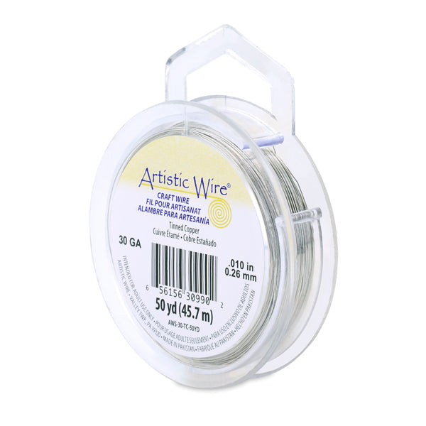 Artistic Wire, 30 Gauge / .26 mm Tarnish Resistant Tinned Copper Craft Wire, Silver Color, 50 yd / 45.7 m