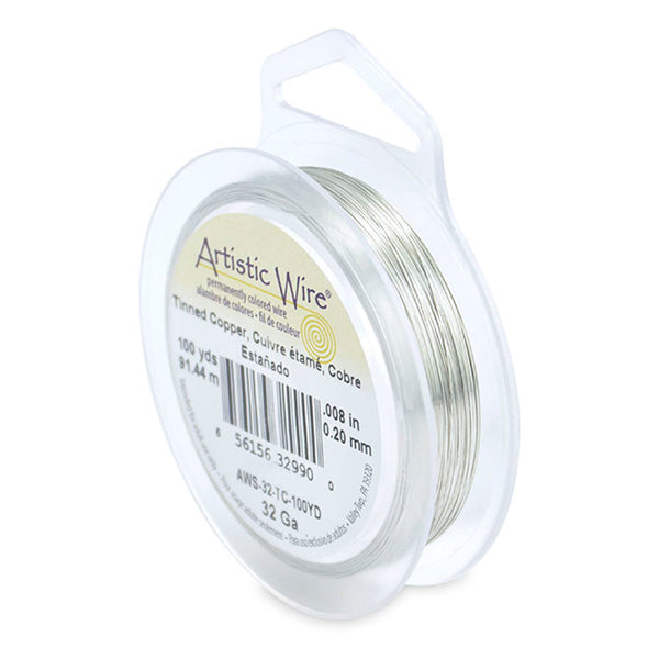 Artistic Wire, 32 Gauge / .20 mm Tarnish Resistant Tinned Copper Craft Wire, Silver Color, 100 yd / 91.4 m