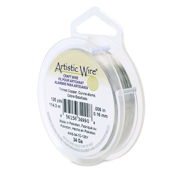 Artistic Wire, 34 Gauge / .16 mm Tarnish Resistant Tinned Copper Craft Wire, Silver Color, approx. 125 yd / 114.3 m
