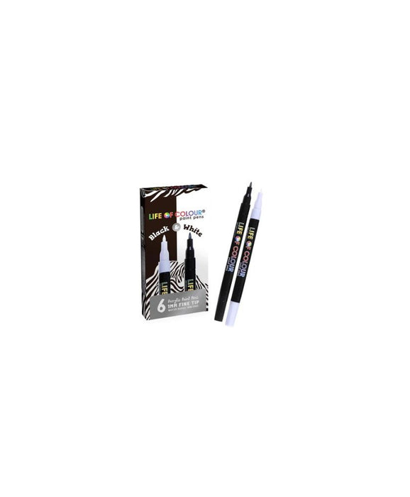 Life In Colour - Black and White Fine Tip Acrylic Paint Pens - 6pcs Set