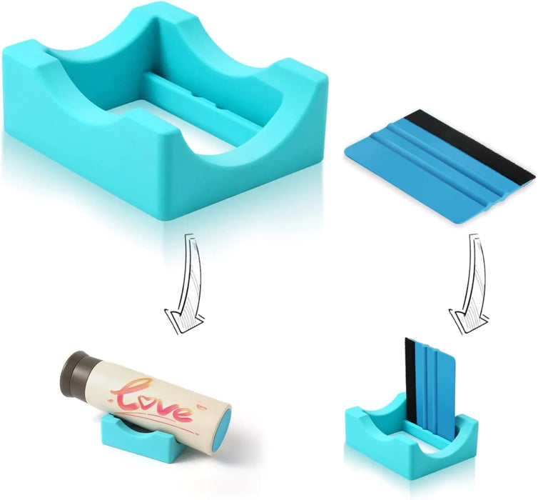 Doodles - Small Silicone Cup Cradle with Felt Edge Squeegee Decal Scraper - 10.2cm x 8.8 cm x 4cm- Blue