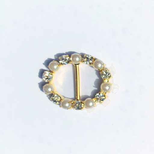 Doodles - Ivory Pearl & Diamante Buckle Slider - Gold, Oval, Diameter 25mm x 21mm
