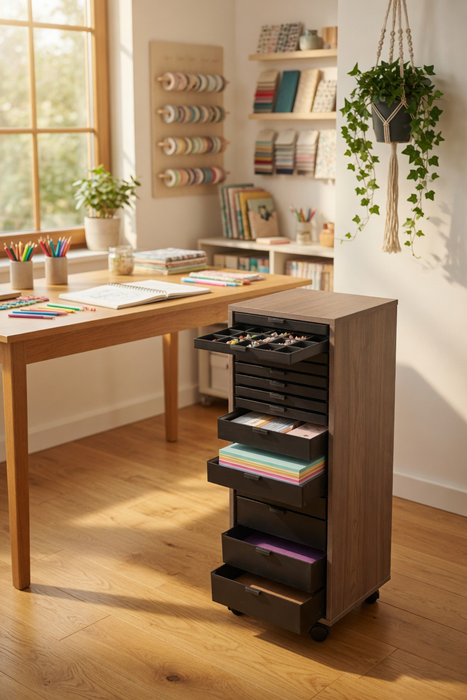 Doodles Best Craft Organizer - Crafting Storage Cabinet - Drawers with Inserts - Bar Height - Wood Grain