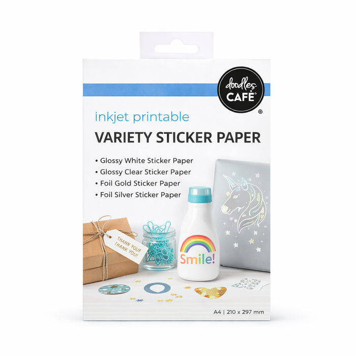 Doodles Bundle - Inkjet Printable Sticker Paper - Glossy White, Clear, Foil Silver, Foil Gold (40 pack) A4